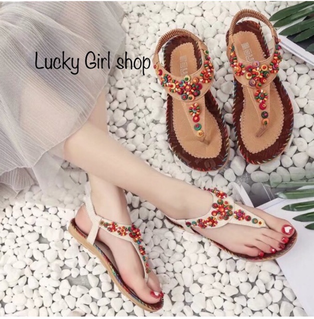Sandal Nữ Xỏ Ngón Bohemian Đính Hạt Gỗ Đế Chống Trượt Siêu Xinh - Lucky Girl shop