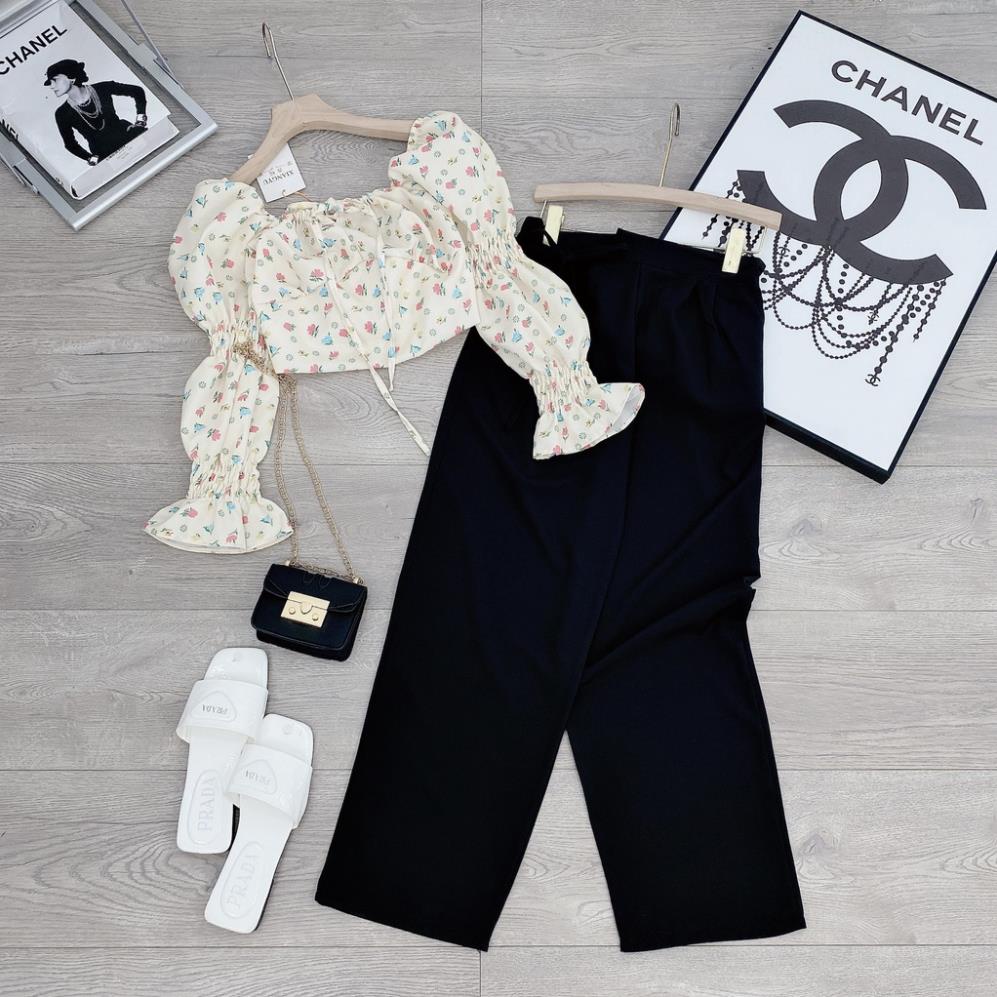 [ 𝐅𝐑𝐄𝐄 𝐒𝐇𝐈𝐏 ]  SET BỘ HOA NHÍ CHUN TAY CỔ VUÔNG QUẦN ỐNG RỘNG