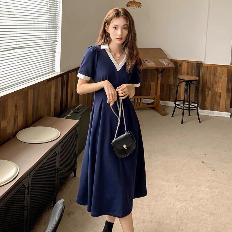 Váy đầm xanh hai dáng ngắn dài cổ V trắng basic phong cách mới kiểu Pháp