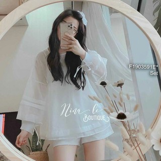 Set trắng áo babydoll có lót tay dài thắt nơ phối quần short!