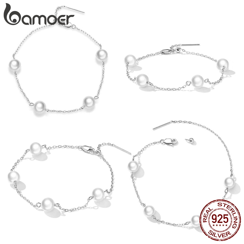 Vòng tay bạc 925 BAMOER 22cm đính ngọc trai nhân tạo thời trang cho nữ