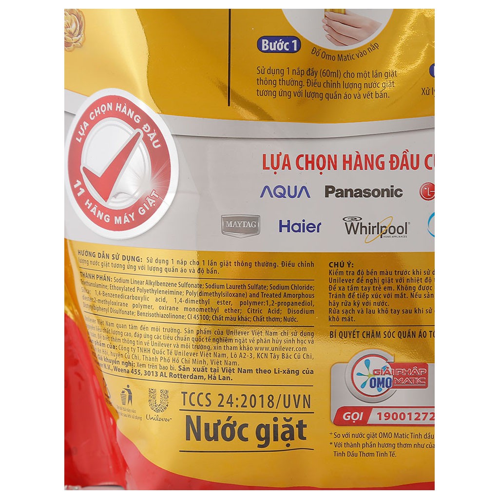 Nước Giặt OMO Matic Máy Giặt Cửa Trên Hương Comfort Tinh Dầu Thơm Túi 2kg (Hương thơm sang trọng bền lâu)