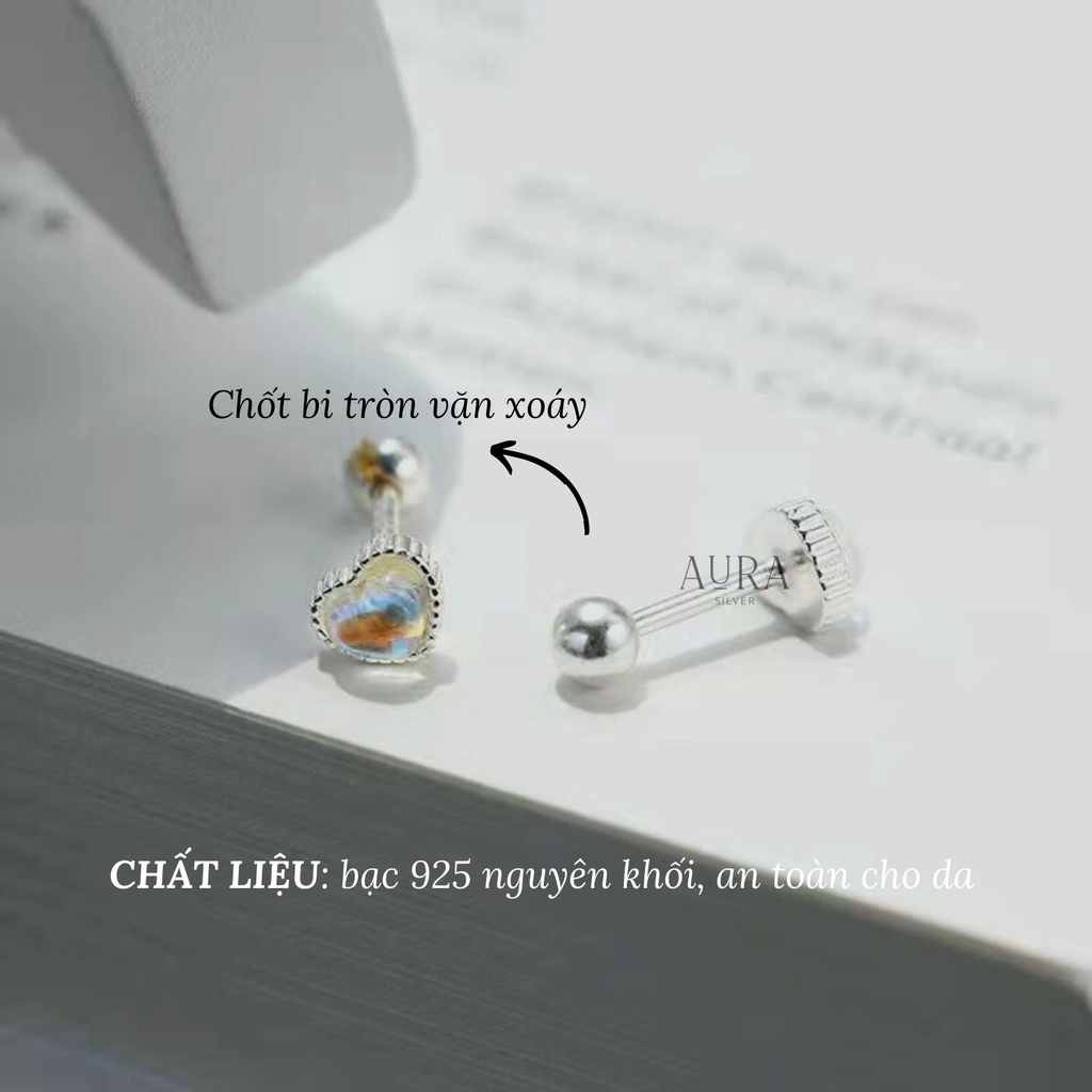 Khuyên tai bạc nữ 925 bông tai trái tim đá mặt trăng Moon Stone-KT51