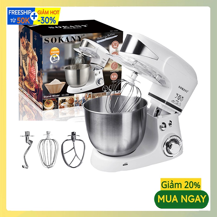 Máy trộn bột để bàn, đánh trứng công nghiệp SOKANY SK-206 Dung tích 5L [BH 12 Tháng]