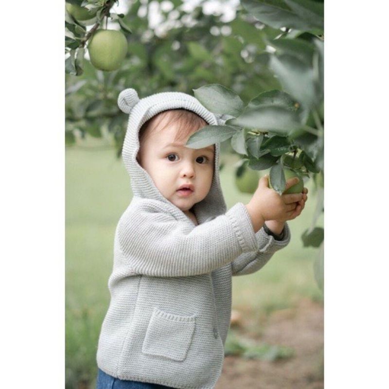 Áo khoác cho bé , áo len gap xuất dư xịn màu xám trơn dễ mix đồ , cardigan co giãn chất mềm mũ tai gấu - tiệm nhà an