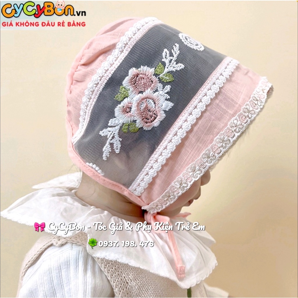 Mũ Nón Tiểu Thư Cho Bé Gái Phối Ren Đính Hoa Hồng Thêu Có Dây Cột Giữ Nón Size Cho Bé Từ 3 Tháng - 12 Tháng Siêu Xinh !