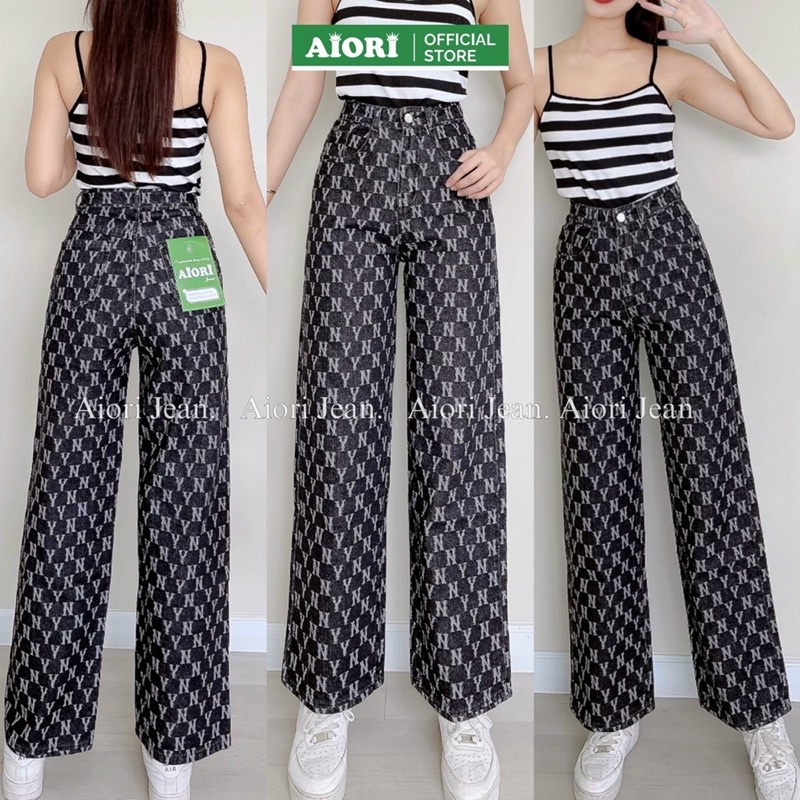 Quần Jean Ống Rộng AIORI Lưng Cao Họa Tiết NY Thời Trang Hàn Quốc_Mã E004