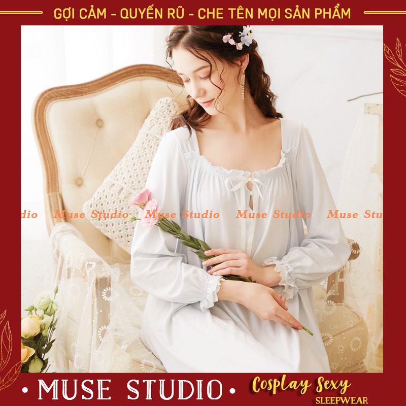 Váy ngủ tiểu thư tay dài vải cotton mềm mịn