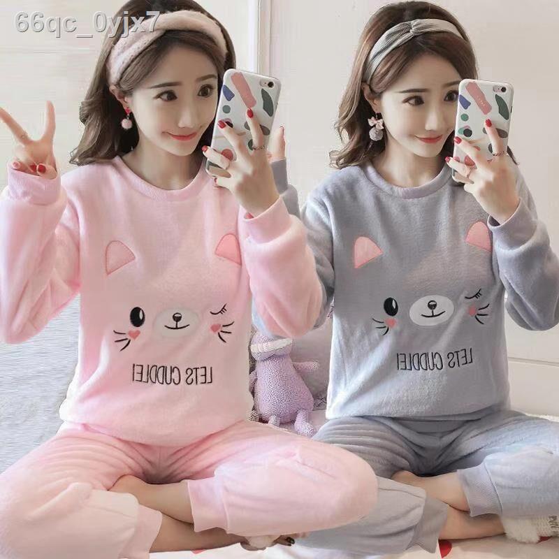 ◕▽◘Đồ ngủ nữ mùa đông san hô lông cừu dày dặn ấm áp thu phiên bản hàn quốc của học sinh bộ mặc n