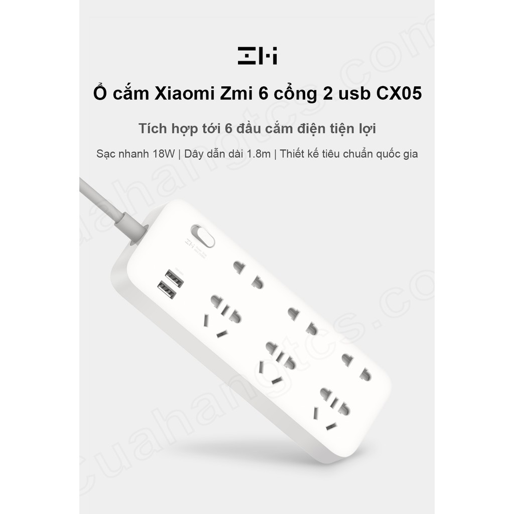 Ổ cắm Xiaomi Zmi Power Strip 6 cổng 2 usb CX05 - Bảo hành 3 tháng