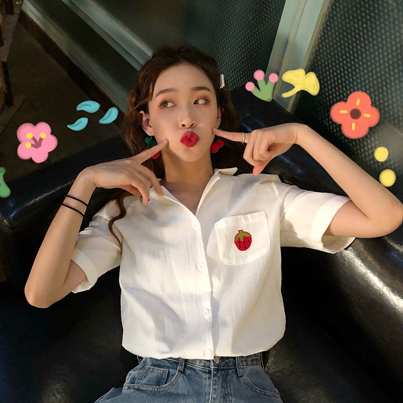 Áo sơ mi tay ngắn họa tiết trái cây đáng yêu trẻ trung cho nữ | BigBuy360 - bigbuy360.vn