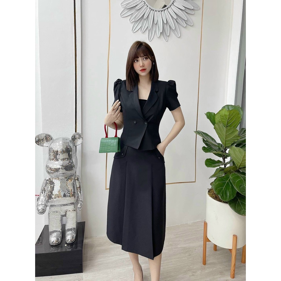 Set bộ nữ Hàn Quốc , Set áo sơ mi cổ vest cùng chân váy chữ A dáng dài phong cách công sở xinh xắn thoải mái.