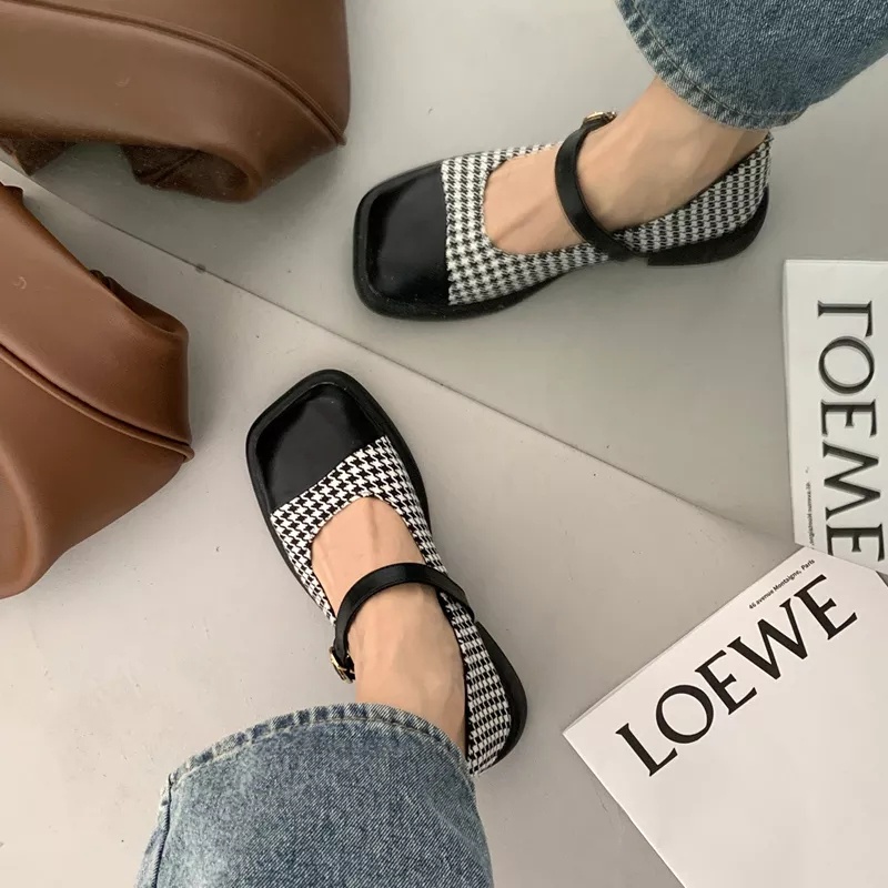 Giày búp bê mũi vuông kẻ phong cách cổ điển phối quai cài xinh xắn mã K8