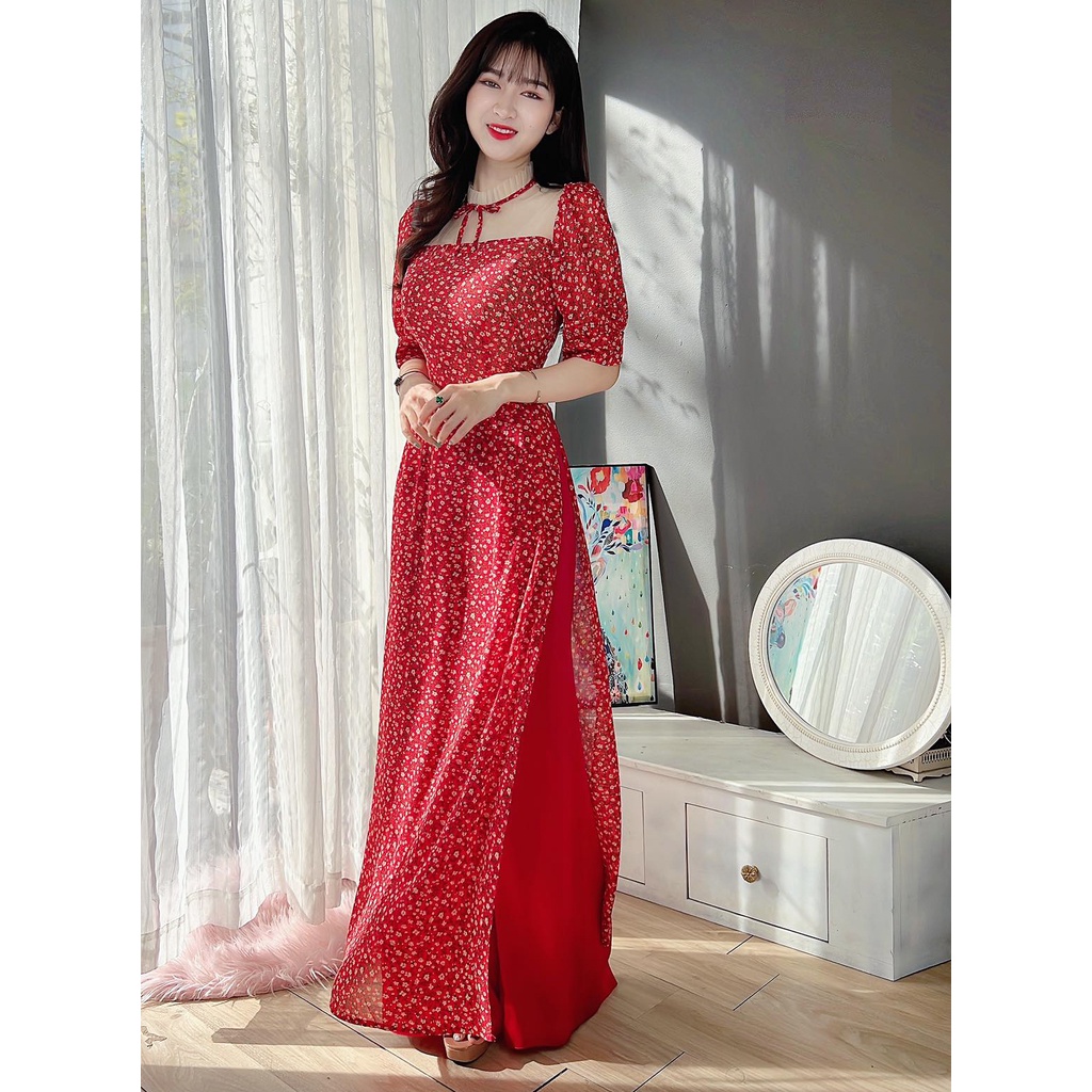Áo dài nữ cách tân hoa nhí phối lưới xinh xắn không kèm quần CHUU AD8042