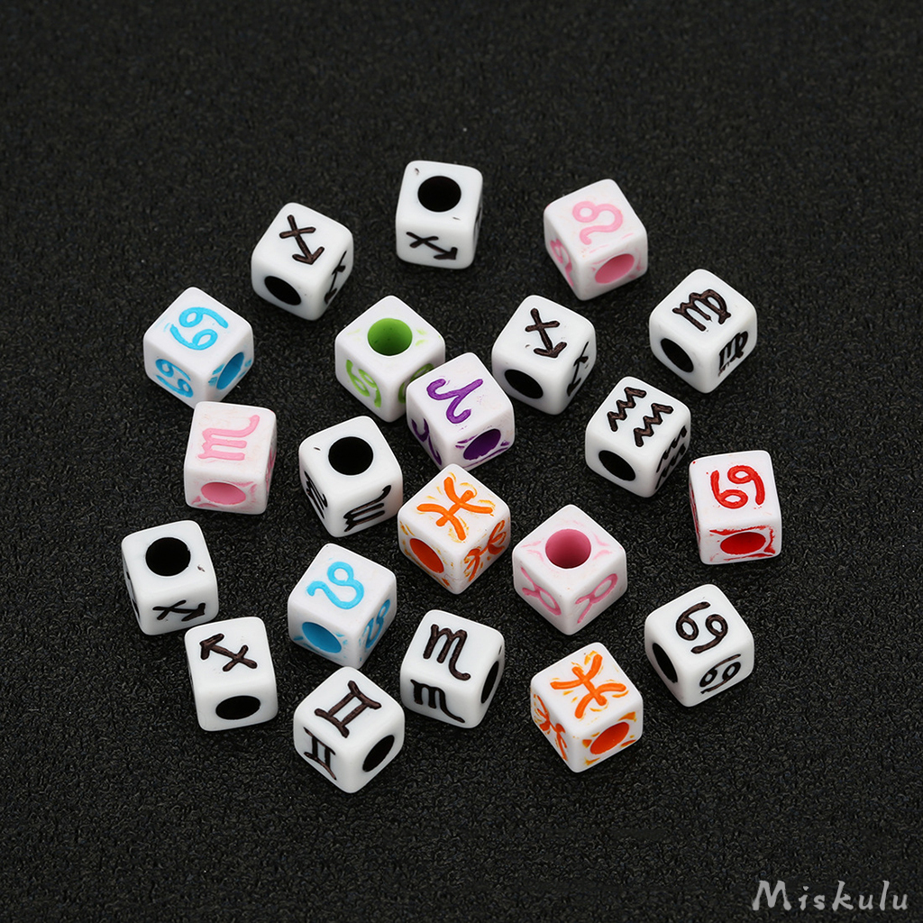 100 Pieces 6mm/7mm/10mm Large Hole Acrylic Cube Spacer Beads Loose Zodiac Beads Charm 4mm Hole Horoscope Beads Fit European Bracelet Jewelry