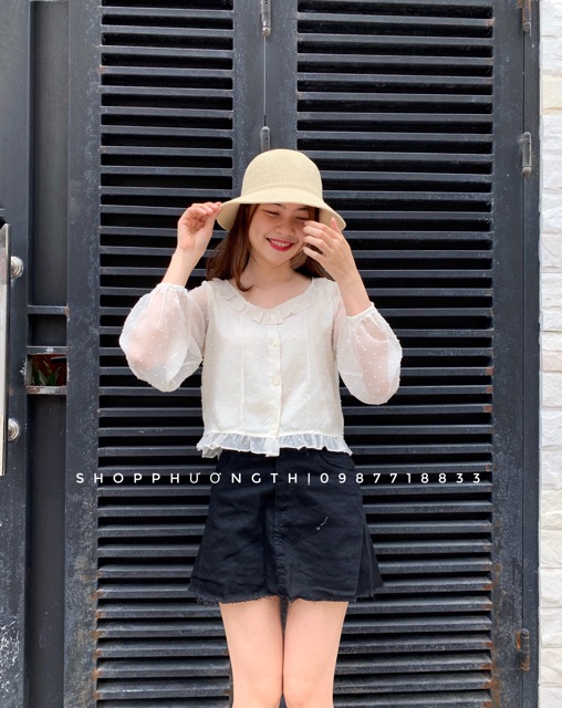 Áo sơmi voan tơ chấm bi - sơmi tiểu thư vintage (hình shop tự chụp/sẵn)
