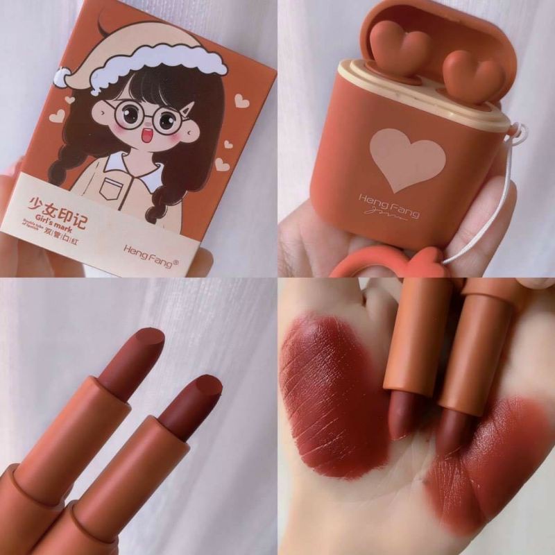 Son môi Mansly thiết kế vỏ hình hộp sạc tai nghe in họa tiết trái tim xinh xắn phong cách Vintage