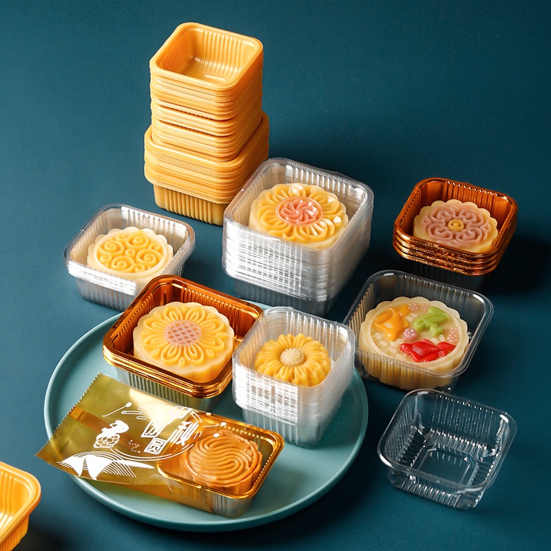 Bộ 100 Khay Đựng Bánh Trung Thu Hình Vuông Bằng Nhựa Màu Vàng Trong Suốt