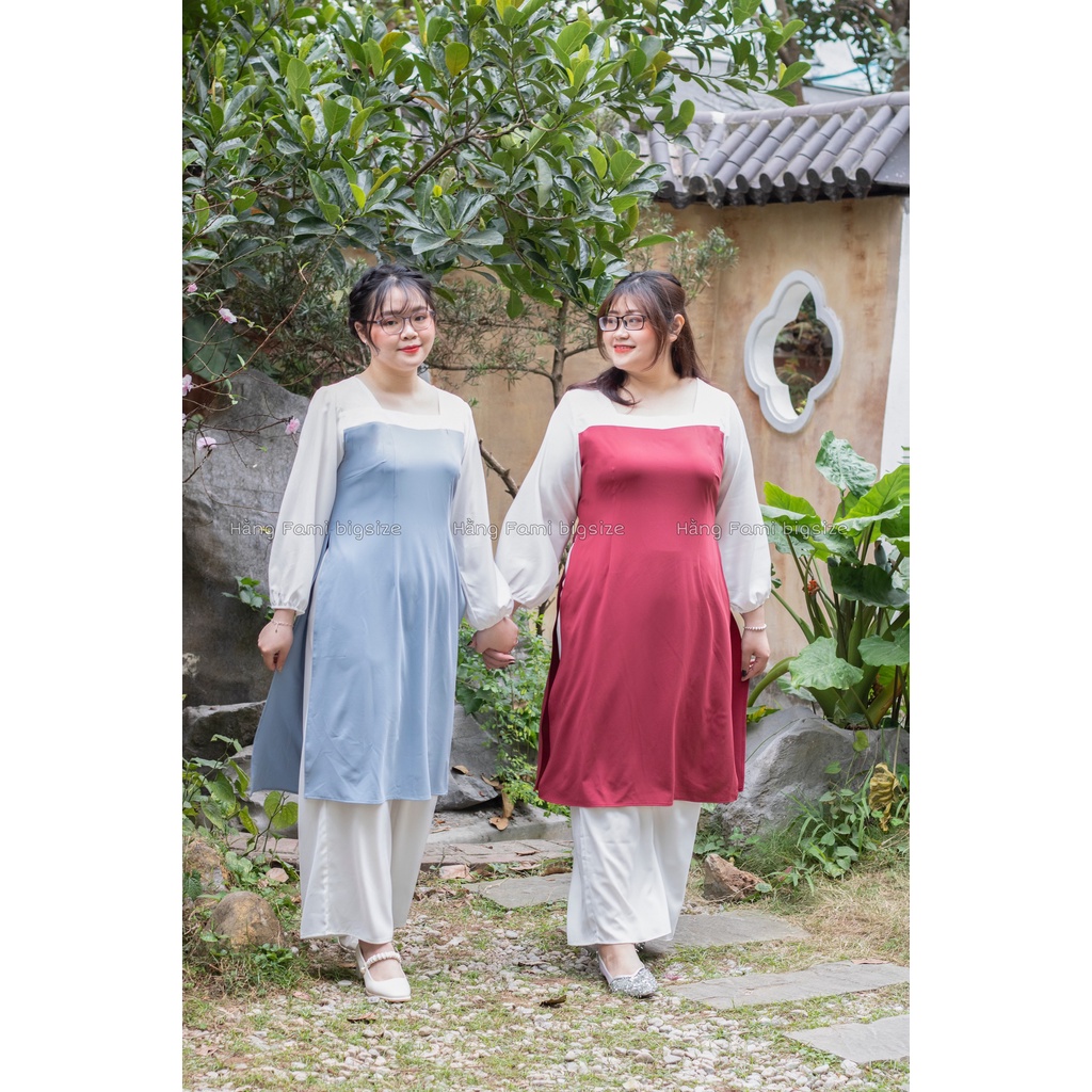 Áo dài trơn cổ vuông kèm quần bigsize (AD07) (size 60kg - 95kg) [ Hằng Fami bigsize]