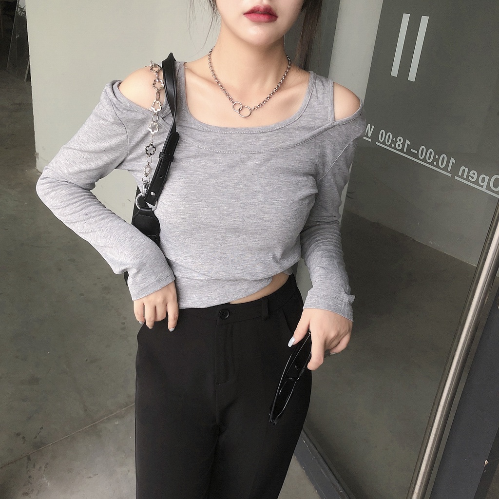 Áo thun COZOK tay dài hở vai màu trơn đơn giản dễ phối đồ thời trang