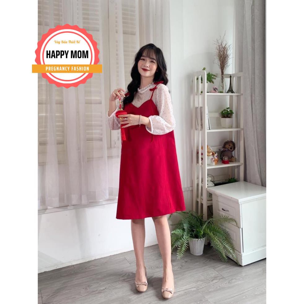 Váy bầu và sau sinh có khóa cho con ti màu đỏ mặc diện Tết công sở hay đi chơi đều sang