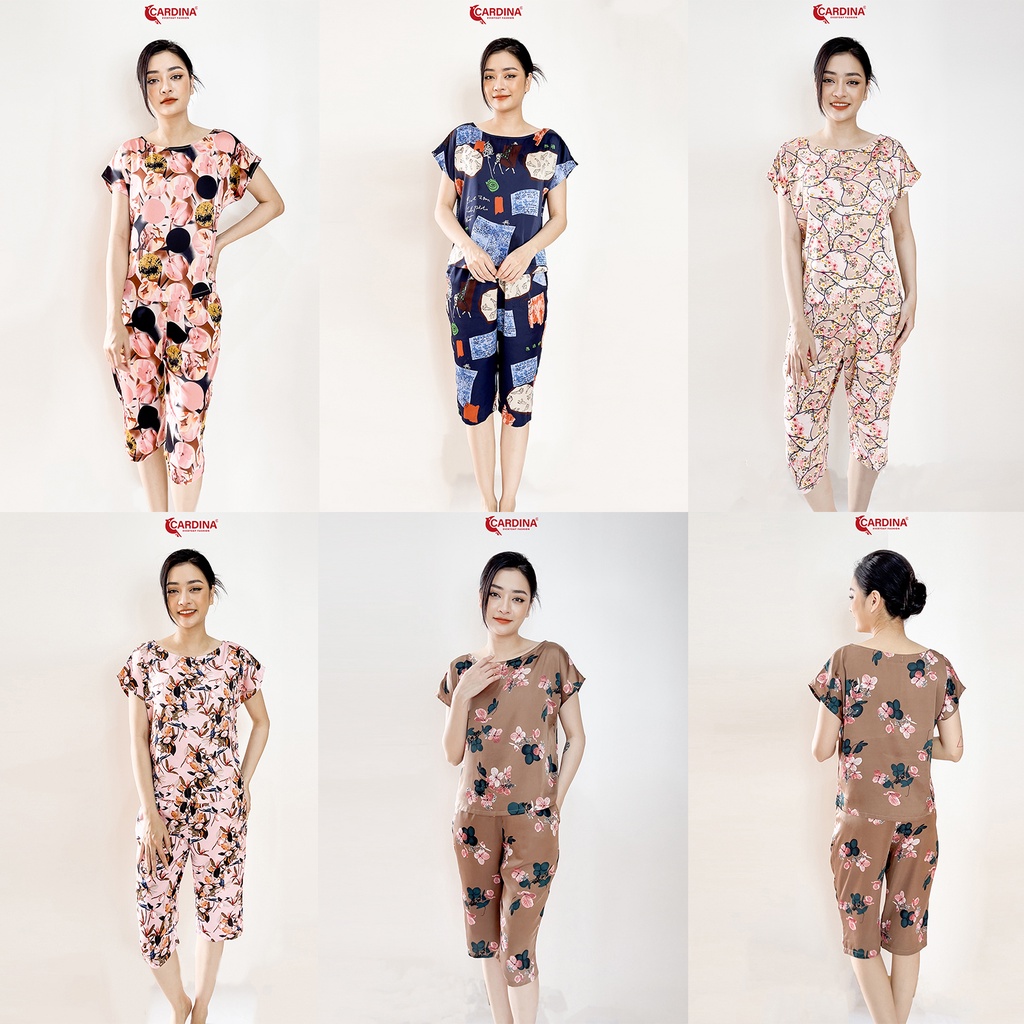 Đồ Bộ Nữ 𝐂𝐀𝐑𝐃𝐈𝐍𝐀 Chất Lụa Satin Cao Cấp Áo Cổ Thuyền Quần Lửng Họa Tiết 2SF09