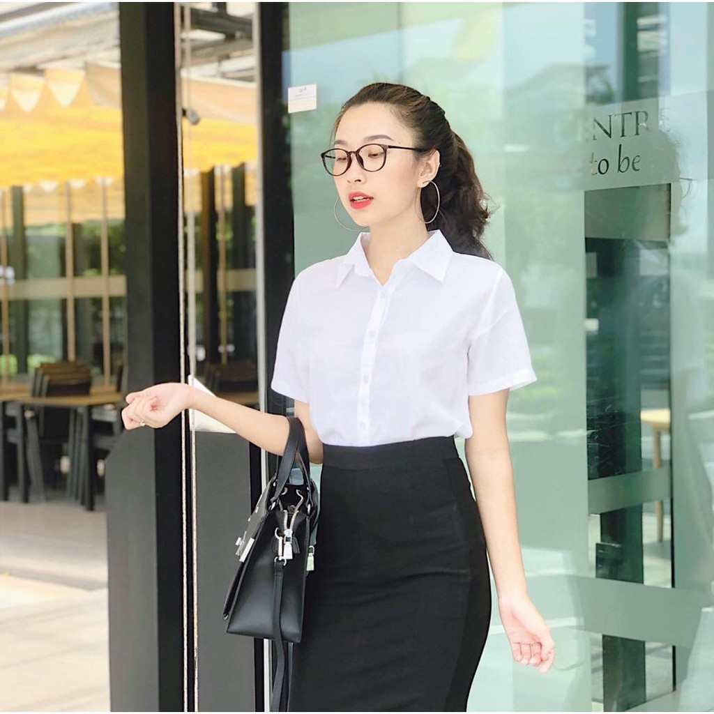 Áo sơmi nữ sơmi tay ngắn công sở trắng tay uni CHIBEST_AB192