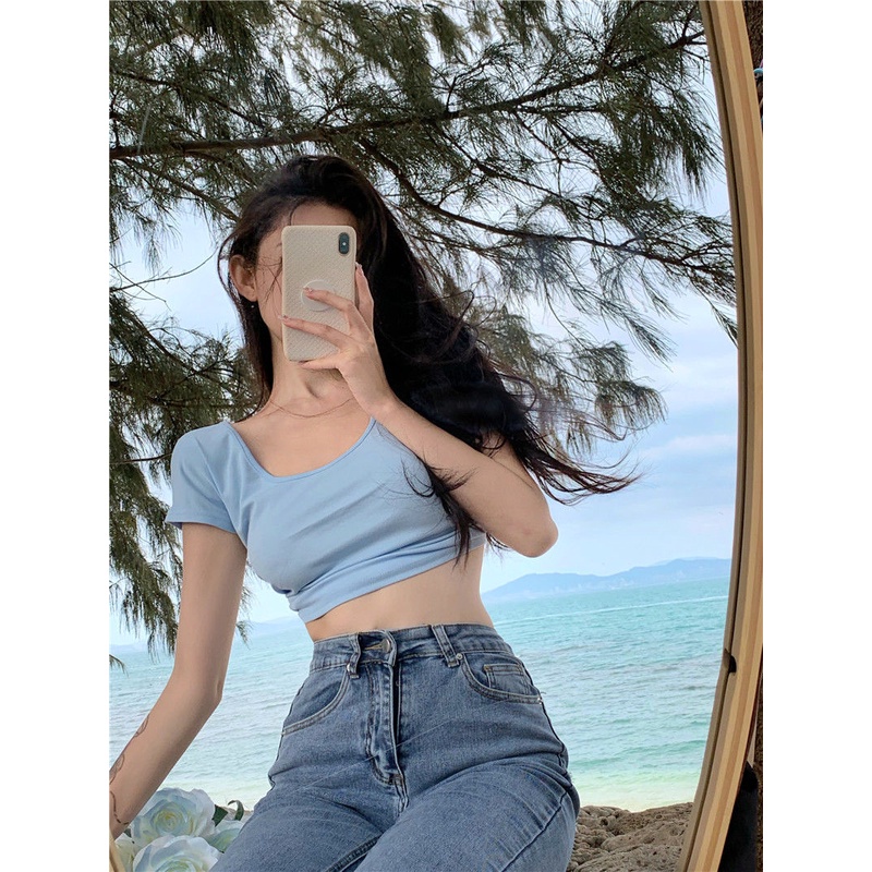 Áo Thun Ngắn Tay Cổ Vuông Hở Lưng Phong Cách Hàn Quốc Gợi Cảm Dành Cho Nữ