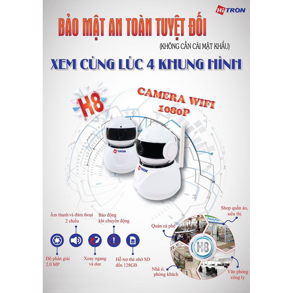 Camera Wifi HT - H8 (TẶNG CHÂN ĐẾ) chuẩn 1080P-2MP cho mọi gia đình, văn phòng, cửa hàng