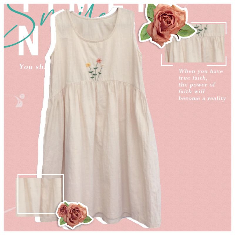 Đầm babydoll vàng kem vải linen thêu hoa 🌻🌷🍀 vintage