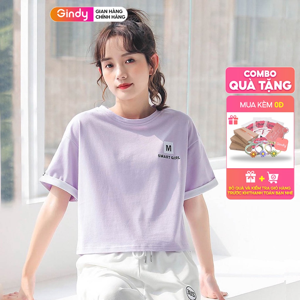 Áo phông cotton thun nữ cổ tròn tay lỡ kiểu cao cấp GINDY SMART GIRL dáng basic unisex thoáng mát thời trang nữ A6175