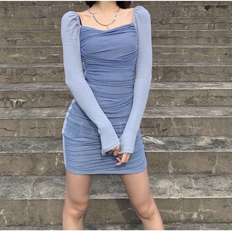 đầm body nhún voan phối màu