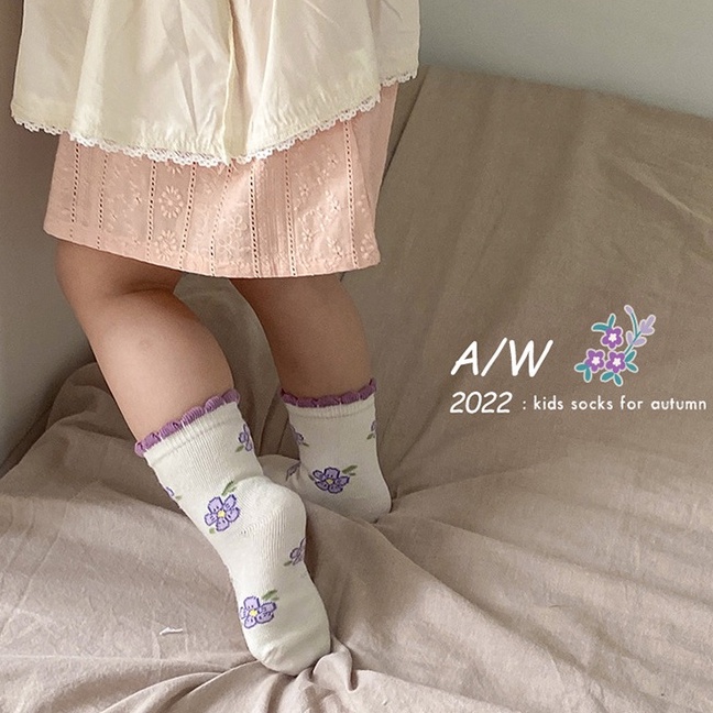 𝗦𝗵𝗼𝗽 𝗠𝗲̣ 𝗕𝗼𝗯 𝟴𝟲 - Set 5 Đôi Tất Cotton Phong Cách Hàn Quốc Họa Tiết Hoa Tím Vintage Cho Bé Gái (1-12 tuổi)