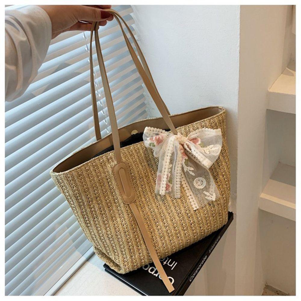 1 Túi Xách Đeo Vai Vải Dệt Phối Ren Cỡ Lớn Phong Cách Vintage Thời Trang Mùa Hè