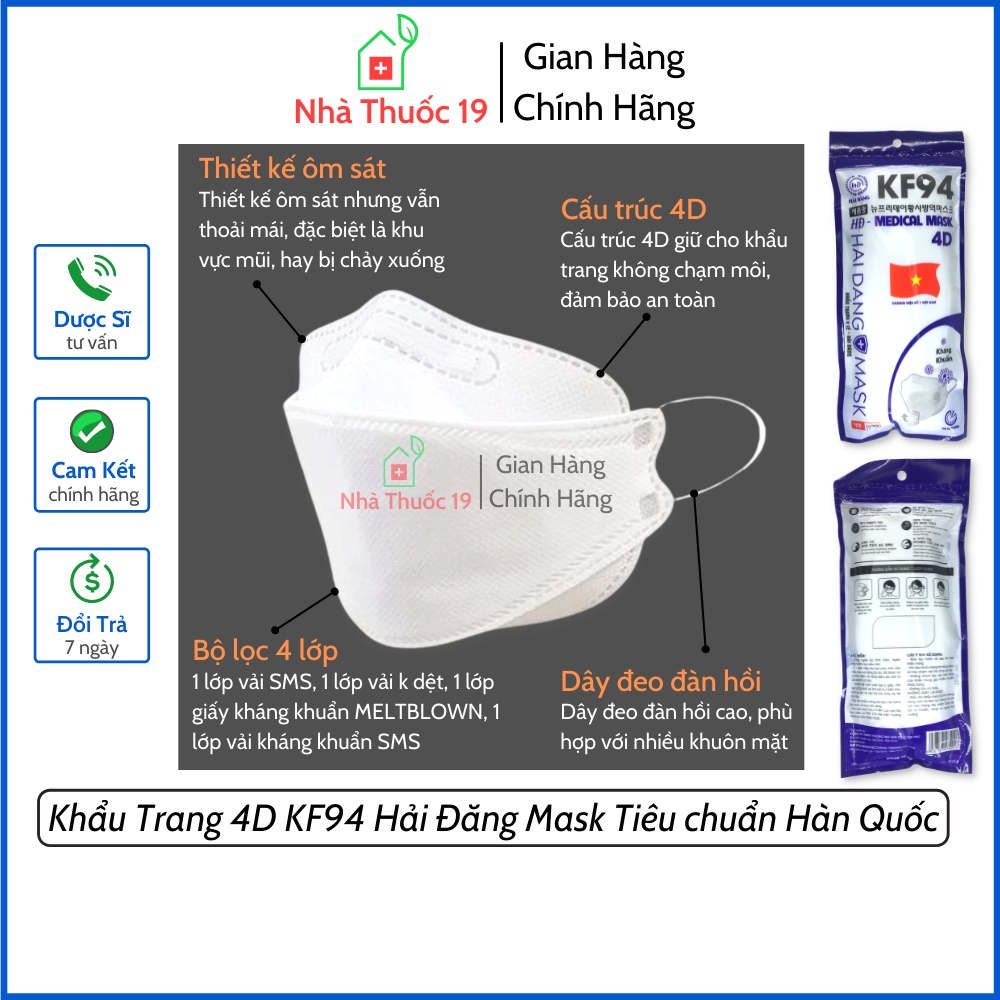 Khẩu Trang KF94 Thương Hiệu Hải Đăng Mask Đạt Tiêu Chuẩn Hàn Quốc Khẩu Trang 4D Mask Hải Đăng (50 chiếc)