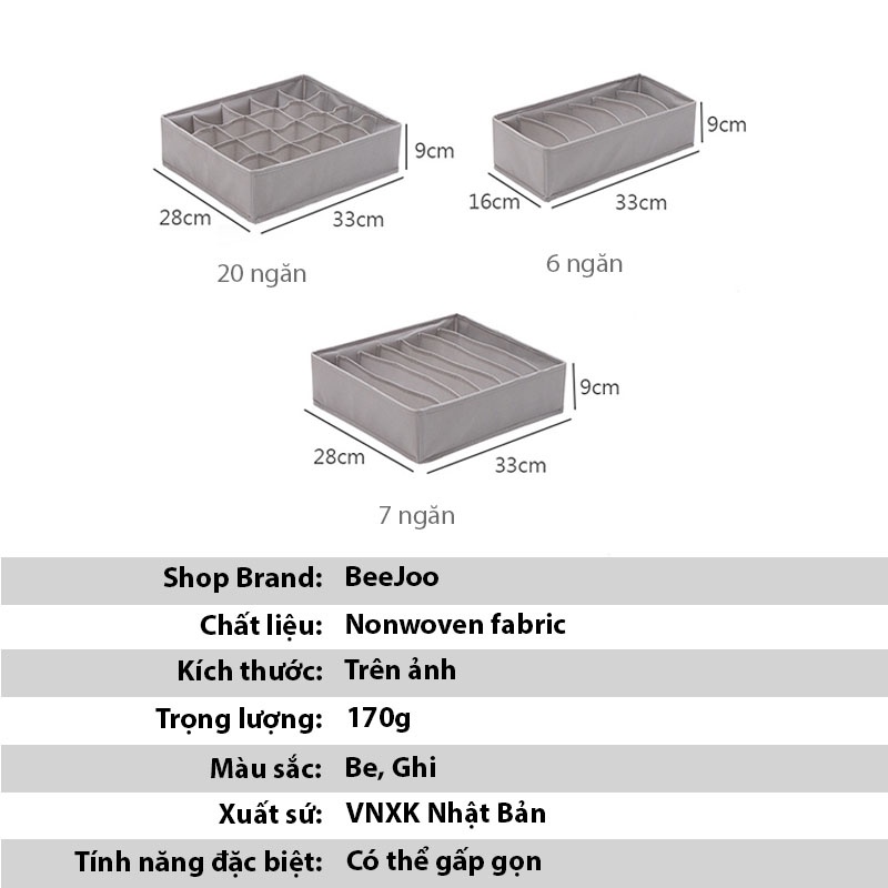 Hộp đựng đồ lót tất vớ chia ngăn 6 7 20, Khay sắp xếp quần áo chất liệu vải không dệt cao cấp hàng VNXK Nhật Bản BeeJoo