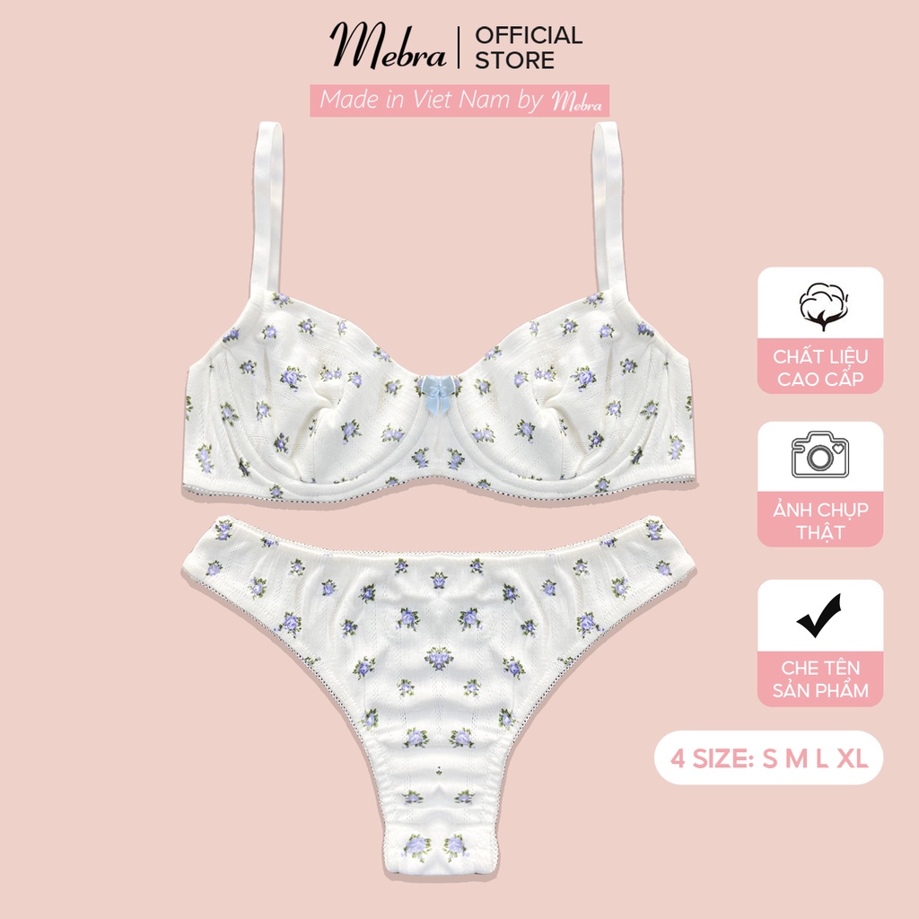 Set đồ lót nữ áo lót có gọng tròn cup ngang quần nửa môngcao cấp thoáng khí kháng khuẩn trắng hoa xanh Mebra S011