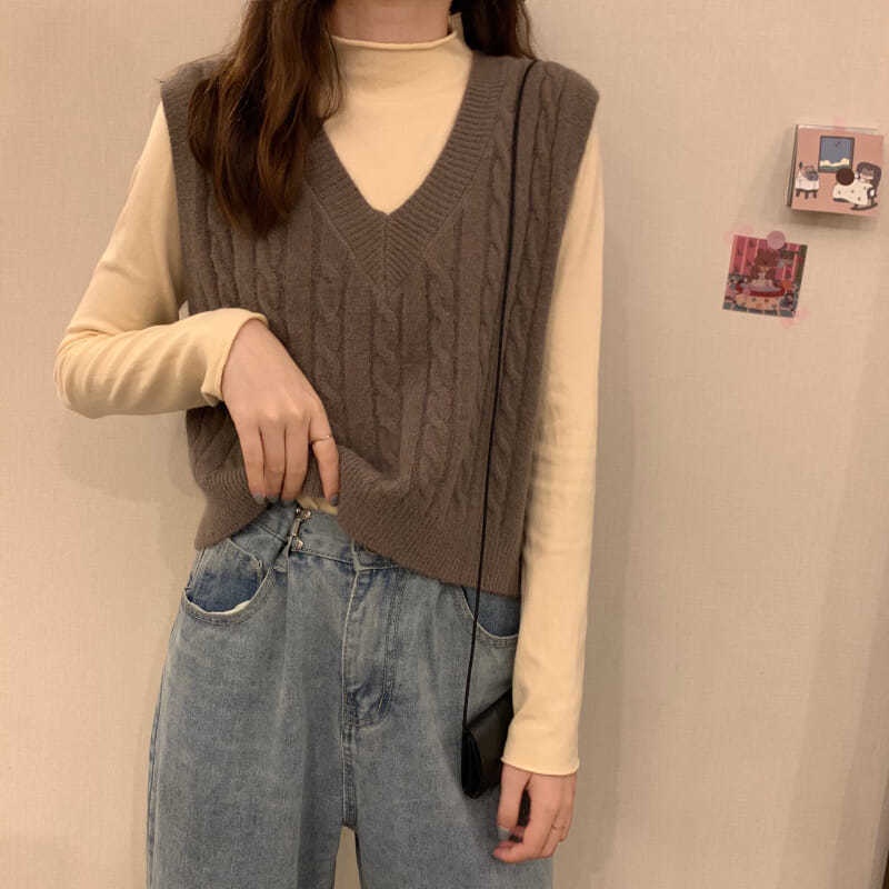 Áo Sweater sát nách cổ chữ V màu trắng thời trang xuân thu Hàn Quốc cho nữ