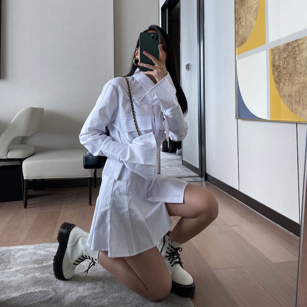 Váy trắng sơ mi thiết kế xếp li cổ nhọn thời trang Becky