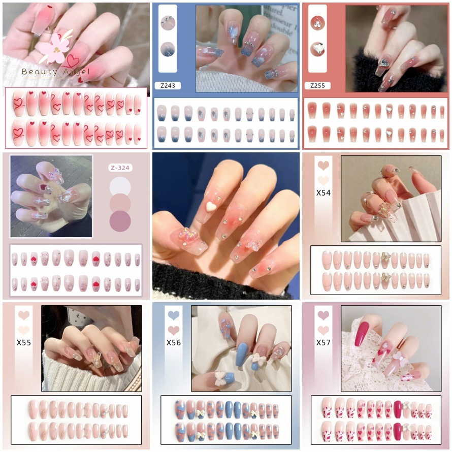 Set 24 móng tay giả Bộ móng giả màu đính nơ dùng làm móng tay nghệ thuật có thể tháo rời/ móng giả đính nơ/Hồng/ đen/màu sắc/sự đổi màu