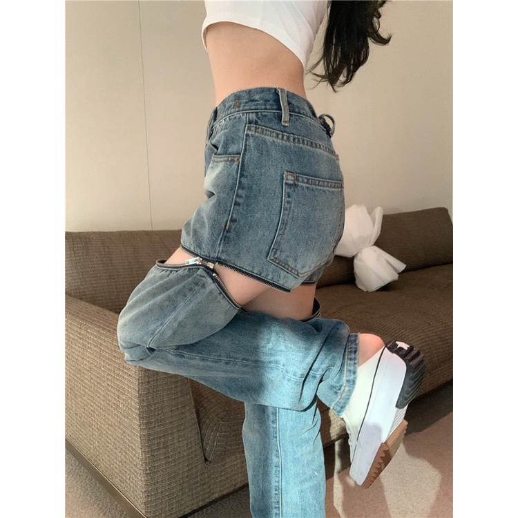 Quần bò Jeans ống rộng có khóa kéo mặc 2 kiểu