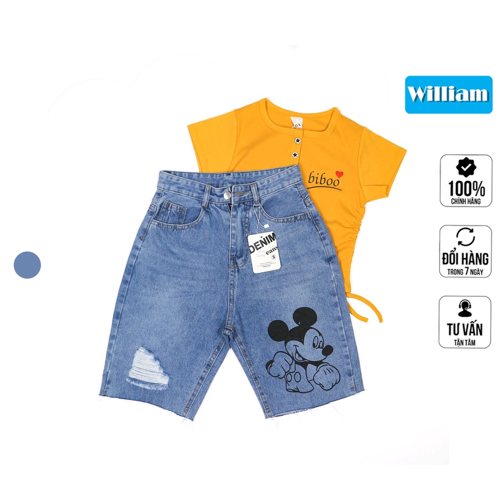 Quần jean ngố nữ quần lửng hình chuột Mickey cá tính, chất liệu jean denim không co giãn William - AT25A