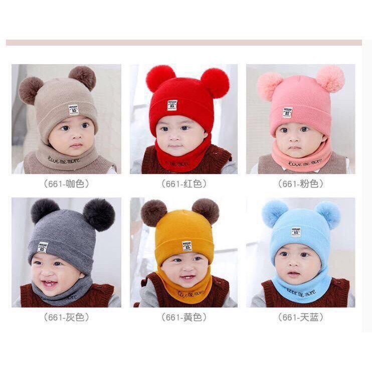 [Giữ ấm cổ] Mũ len cho bé trai bé gái set nón 2 quả bông kèm khăn quàng cổ trẻ em