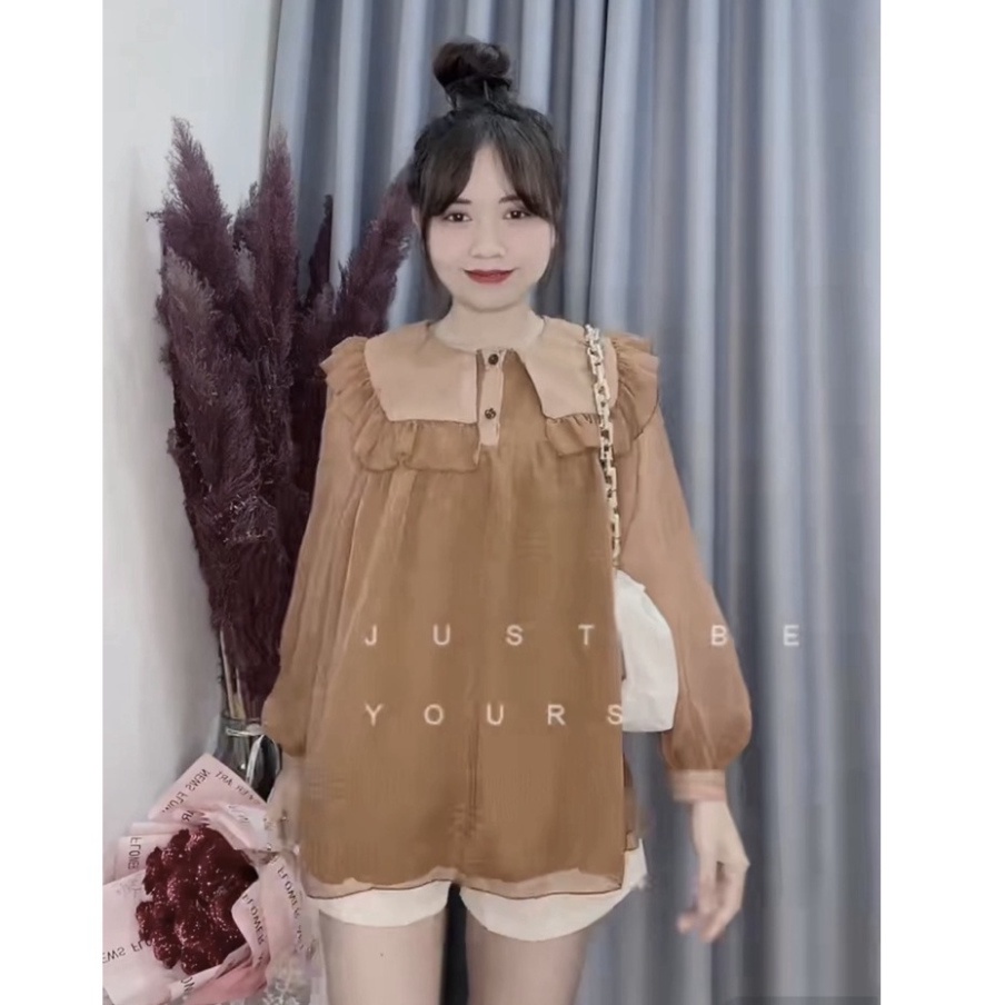 Set áo babydoll bánh bèo nâu cổ vuông quần short đùi BN505 0322