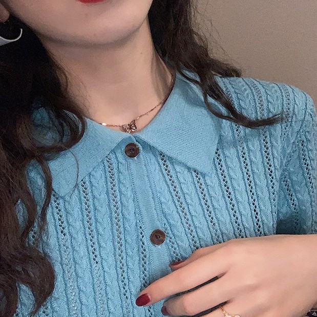 Áo dệt kim tay ngắn màu sắc đơn giản phong cách retro thời trang dành cho nữ