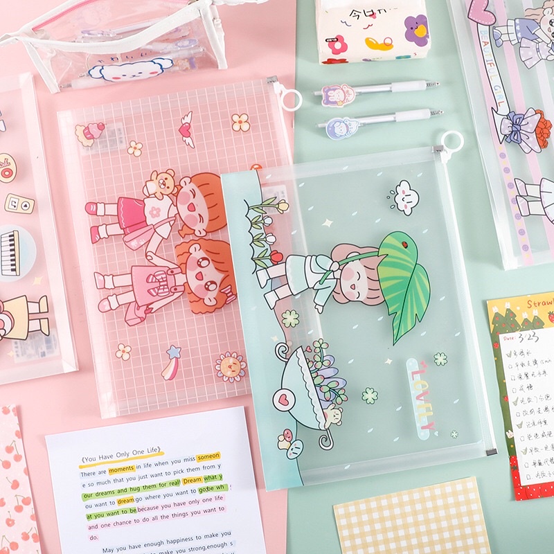 TÚI CLEAR BAG KHỔ A4 IN HÌNH CÔ GÁI CUTE KHOÁ ZIP TIỆN LỢI