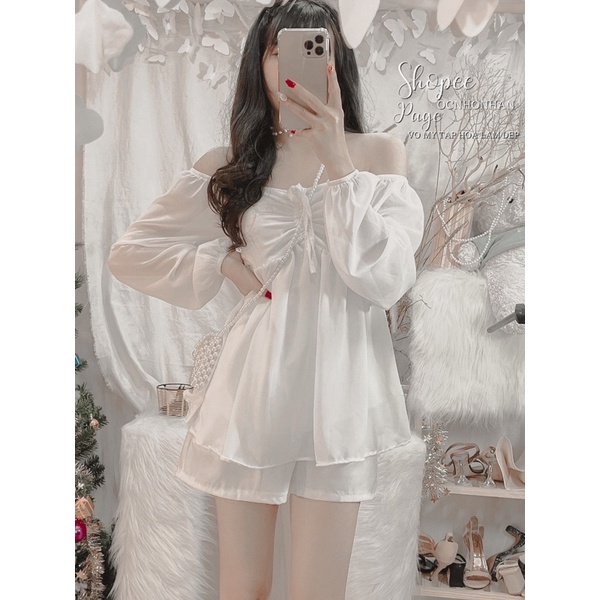 Set áo voan rút ngực phối quần short lưng thun sau lưng