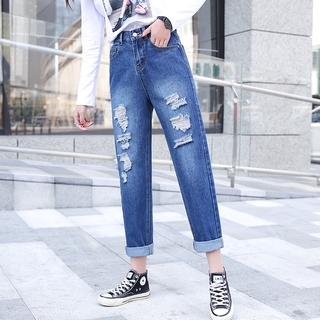 Quần Jeans Dài Phối Vết Rách Cá Tính Thời Trang Nữ