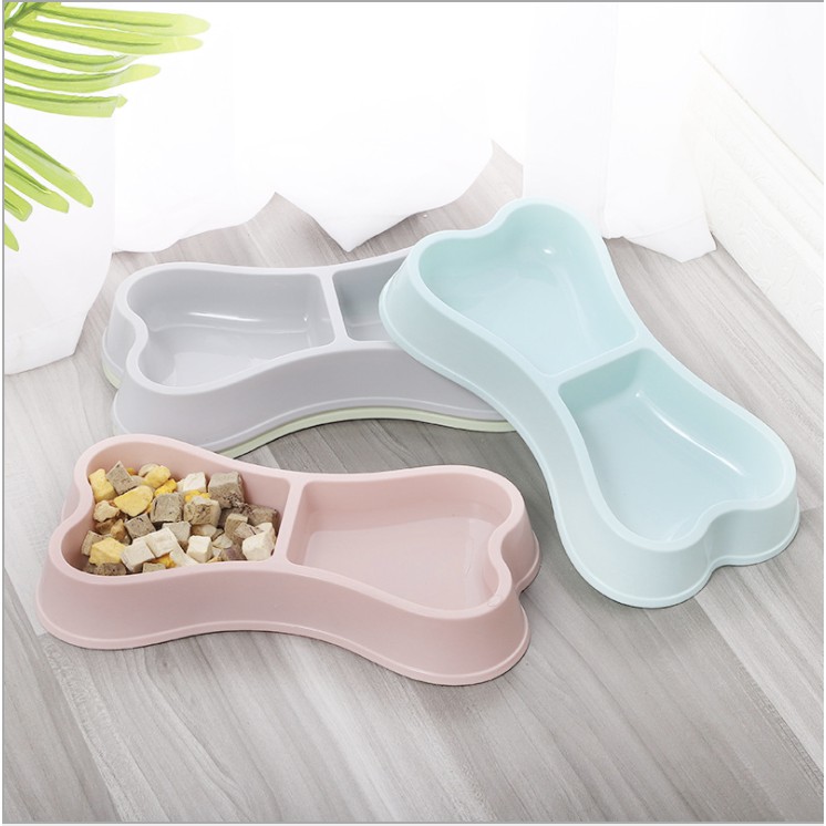 Chén cho chó mèo hình xương nhựa đôi, bát khay ăn cho cún con mèo lớn nhỏ Con Mèo Xiêm
