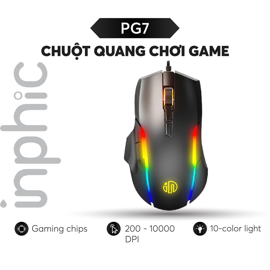 Chuột Chơi Game INPHIC PG7 - 7 Nút Điều Chỉnh Tuổi Thọ 10 Triệu Lần Nhấn Tích Hợp LED RGB Siêu Đẹp - Chính Hãng